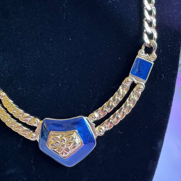 Trifari Gold and Blue Enamel Necklace - Picture 2 of 3